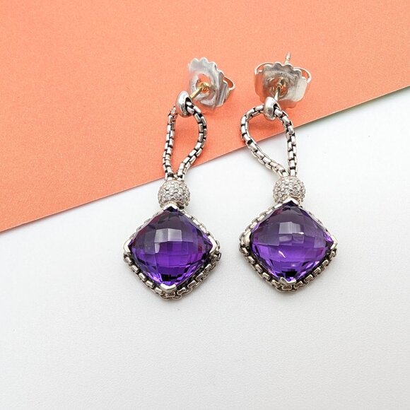 DAVID YURMAN Sterling Silver Amethyst Cushion on Point Drop Earrings W Diamonds
